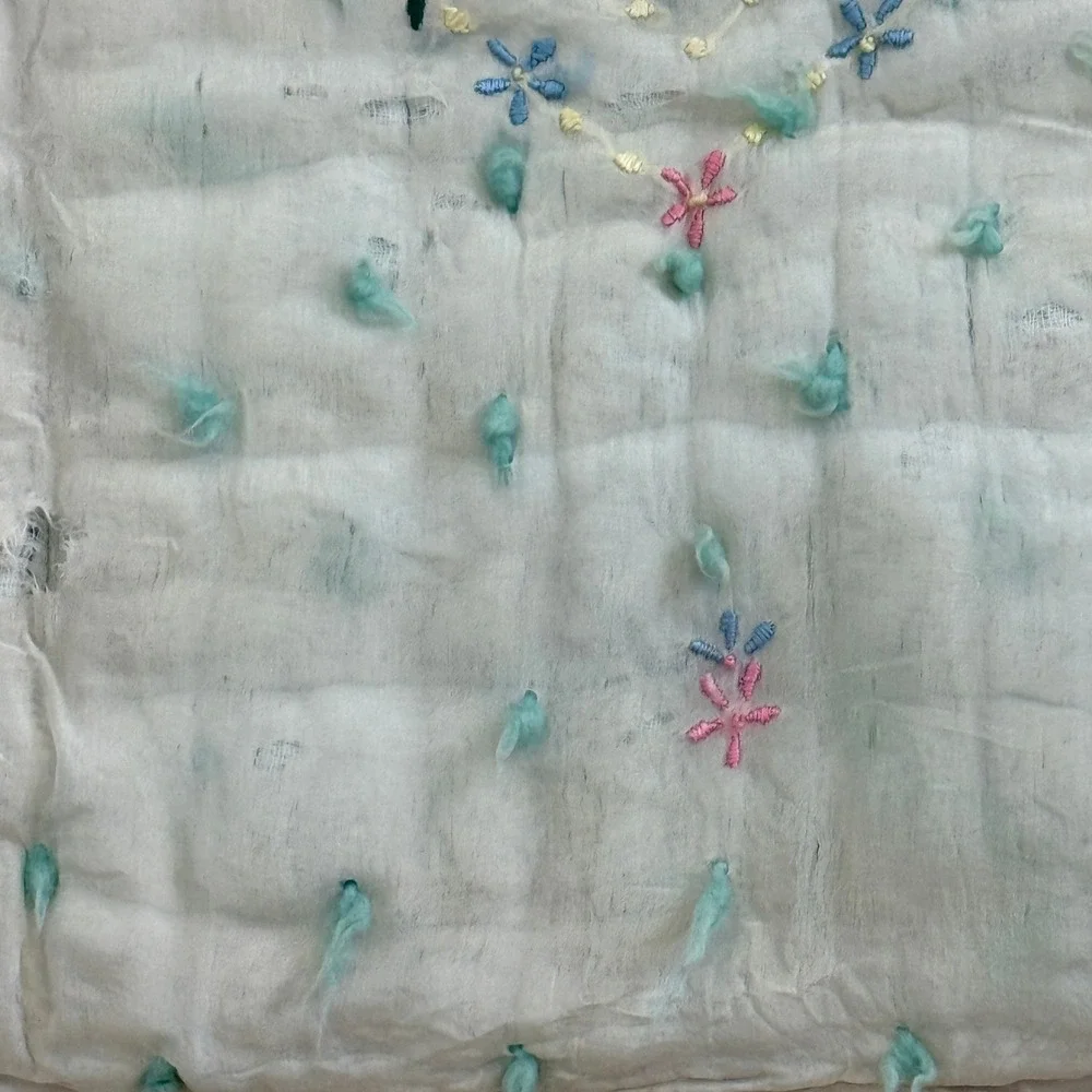 Vintage Hand Embroidered Floral Heart Baby Quilt Ruffle Trim White Teal Pink